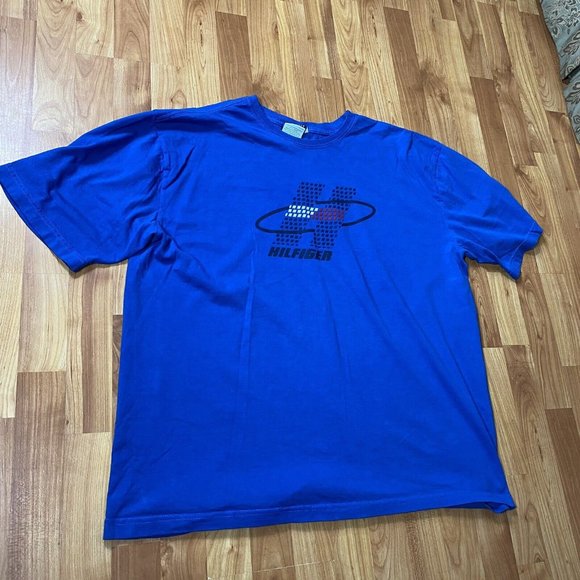 Tommy Hilfiger Y2K T-Shirt Blue‎ Mens Size 2XL XXL Blue Big Logo GUC - Picture 1 of 6